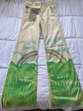 True Vintage 70s Hand Painted Bell Bottom Jeans Rainbow RARE NWT Boho Hippie